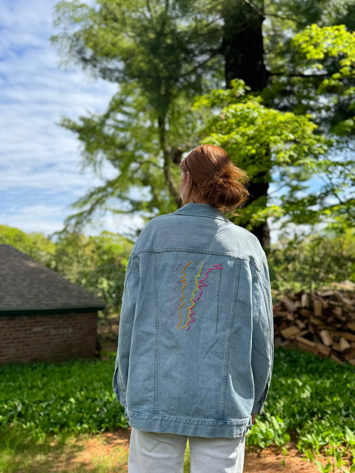 Eliza wearing the gap custom jacket